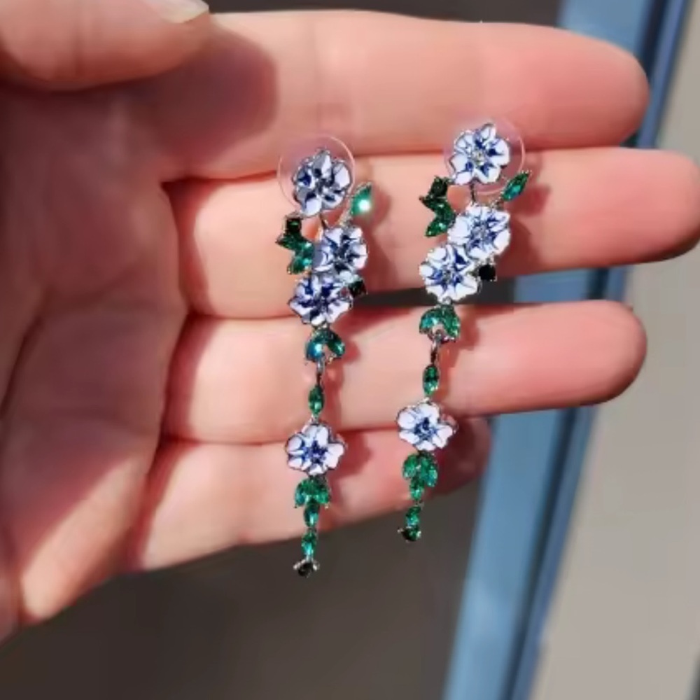 Blue Floral Dangle Earrings - Picture 9 of 9
